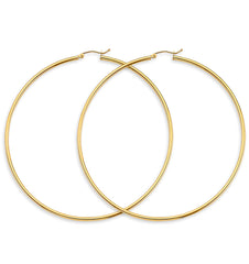 14K Yellow Gold Budded DC Big Round Tube 2mm Polish Hoop Earrings