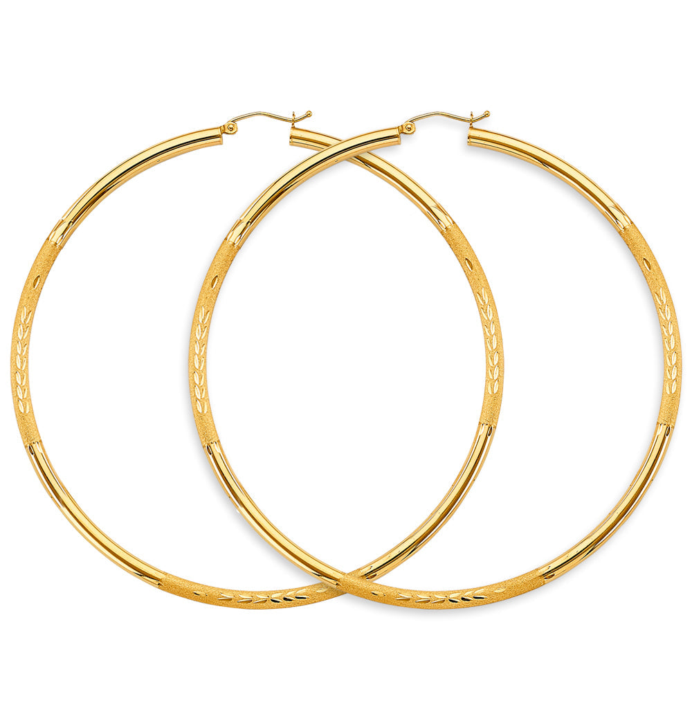 14K Yellow Gold 3mm Budded DC Big Round Tube Hoop Earrings