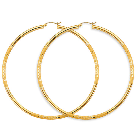 14K Yellow Gold 3mm Budded DC Big Round Tube Hoop Earrings