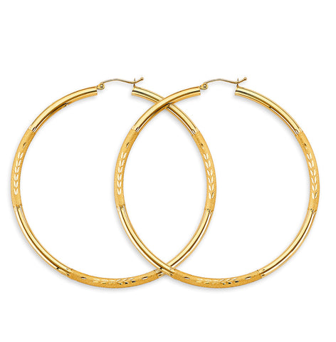 14K Yellow Gold Budded DC Big Round Tube 3mm Hoop Earrings