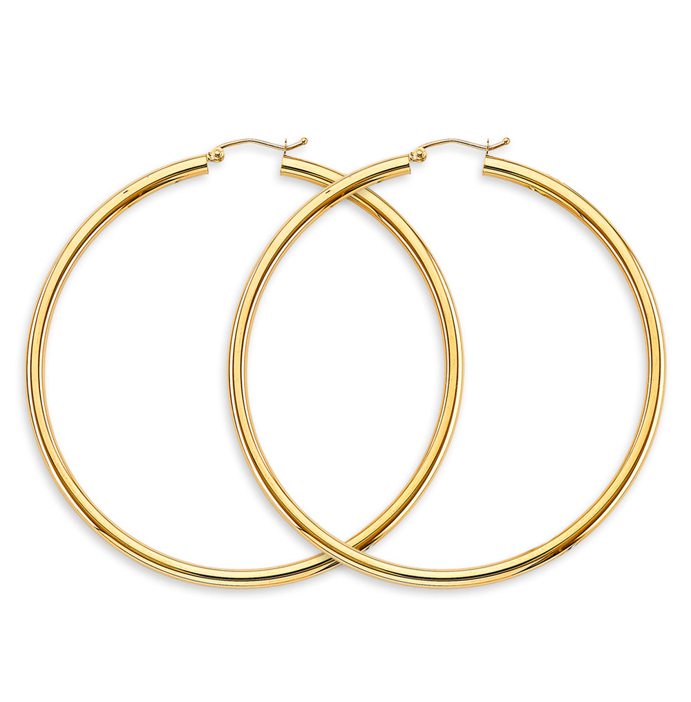 14K Yellow Gold 3mm Big Round Tube Polish Hoop Earrings