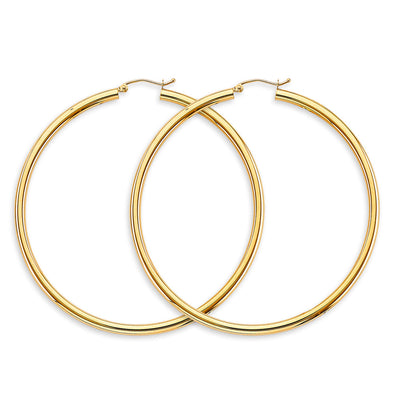 14K Yellow Gold 3mm Big Round Tube Polish Hoop Earrings