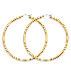 14K Yellow Gold 3mm Big Round Tube Polish Hoop Earrings