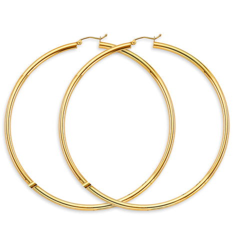 14K Yellow Gold Big Round Tube Polish 3mm Hoop Earrings