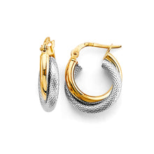 Load image into Gallery viewer, 14K Two Tone Gold 2 Line Crossed Hoop Earrings