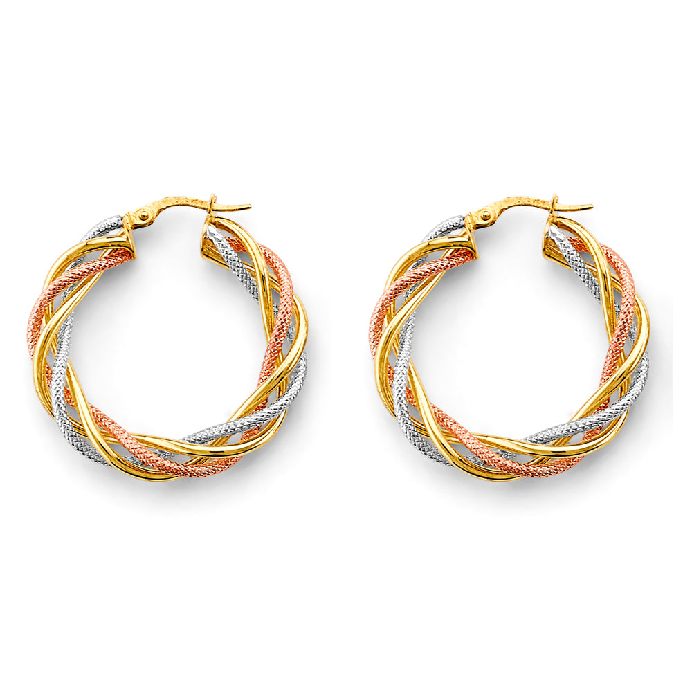 14K Tri Color Gold Braided Hollow Hoop Earrings