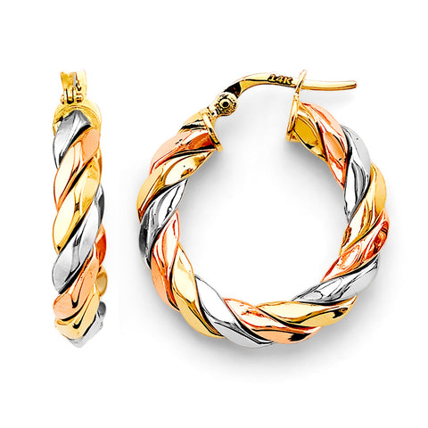 14K Tri Color Gold 25mm Braided Hoop Earrings