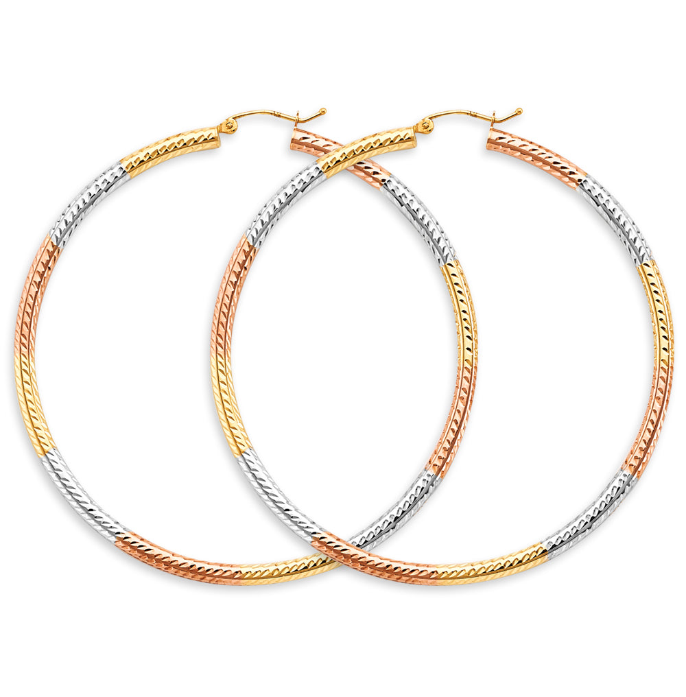 14K Tri Color Gold 3mm Tube DC Hoop Earrings