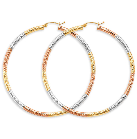 14K Tri Color Gold 3mm Tube DC Hoop Earrings