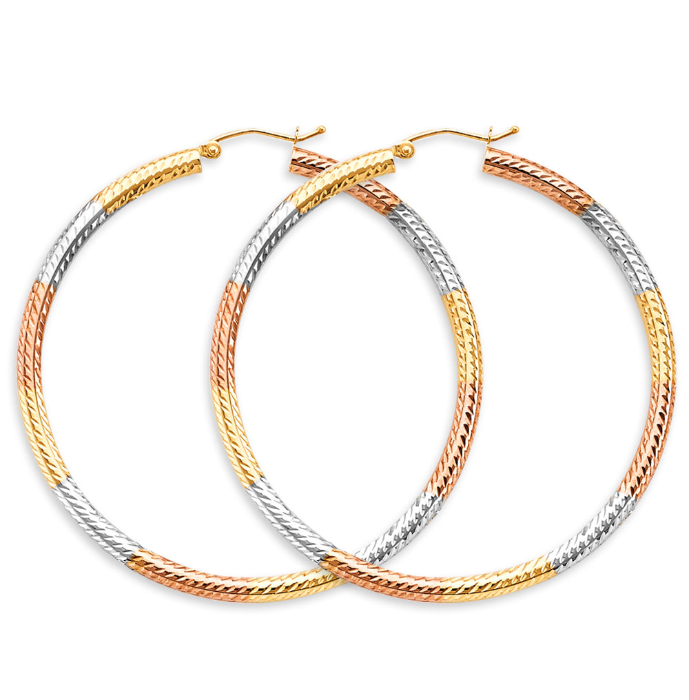 14K Tri Color Gold Tube DC 3mm Hoop Earrings