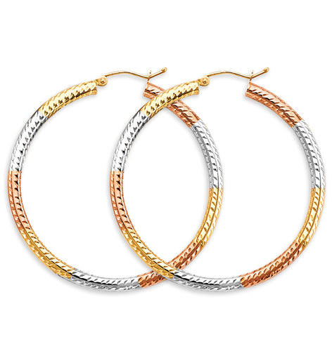 14K Tri Color Gold Round 3mm Tube DC Hoop Earrings