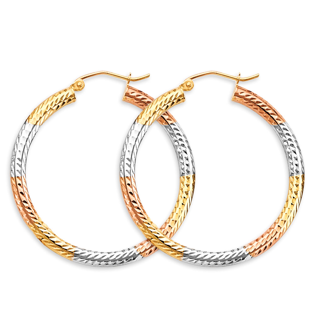 14K Tri Color Gold Round Tube DC 3mm Hoop Earrings