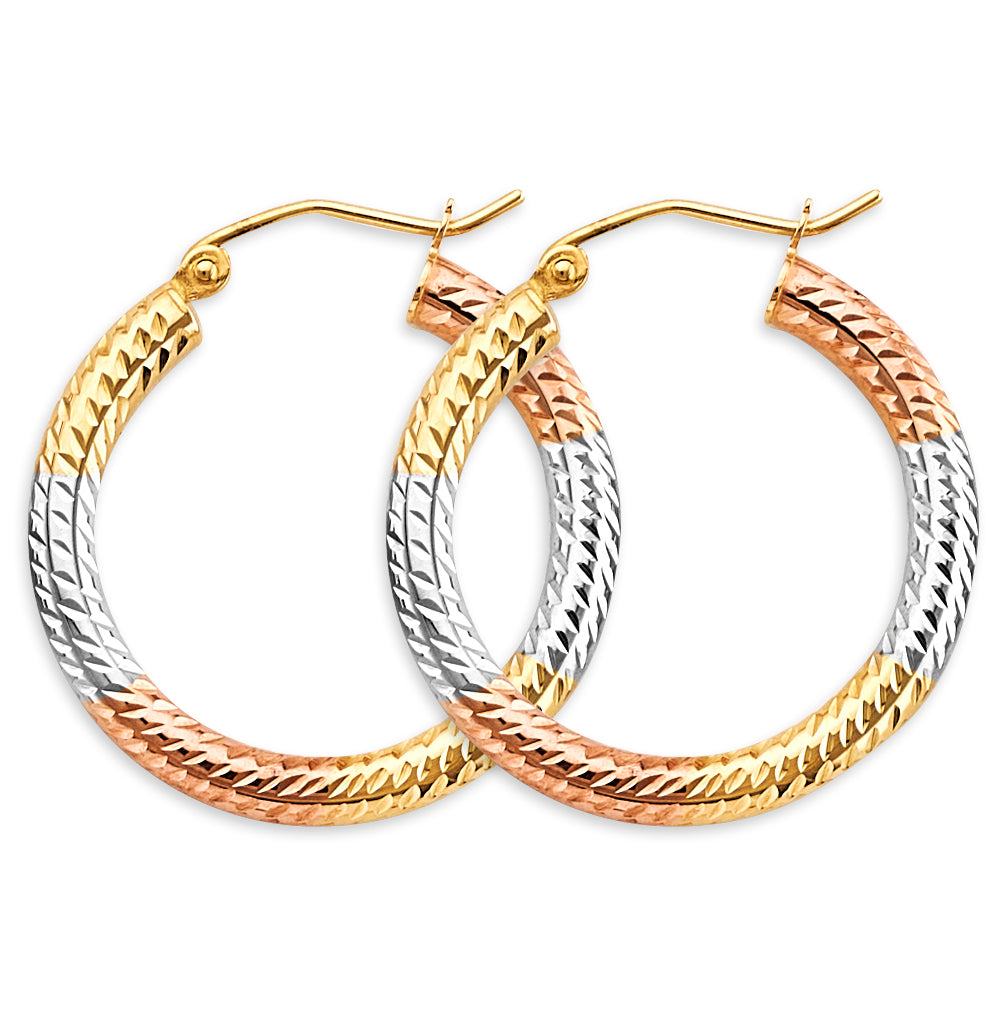 14K Tri Color Gold Tube 3mm DC Hoop Earrings