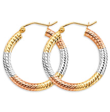 Load image into Gallery viewer, 14K Tri Color Gold Tube 3mm DC Hoop Earrings