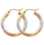 14K Tri Color Gold Tube 3mm DC Hoop Earrings