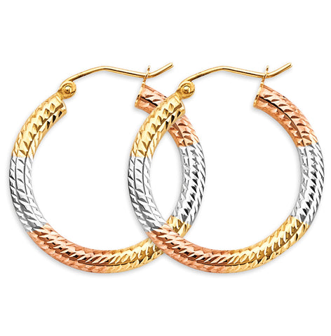 14K Tri Color Gold Tube 3mm DC Hoop Earrings