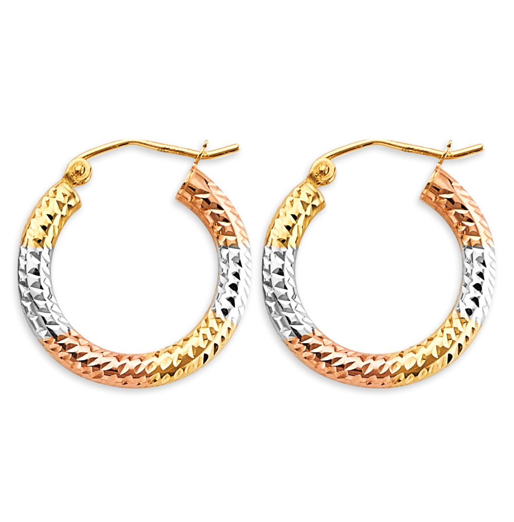 14K Tri Color Gold Round Tube 3mm DC Hoop Earrings