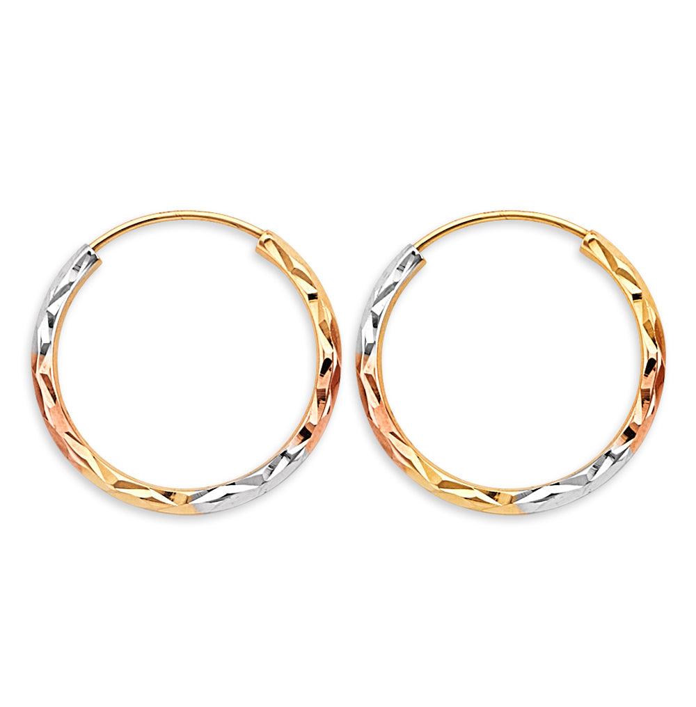 14K Tri Color Gold 1.8mm Tube DC Endless 20mm Hoop Earrings