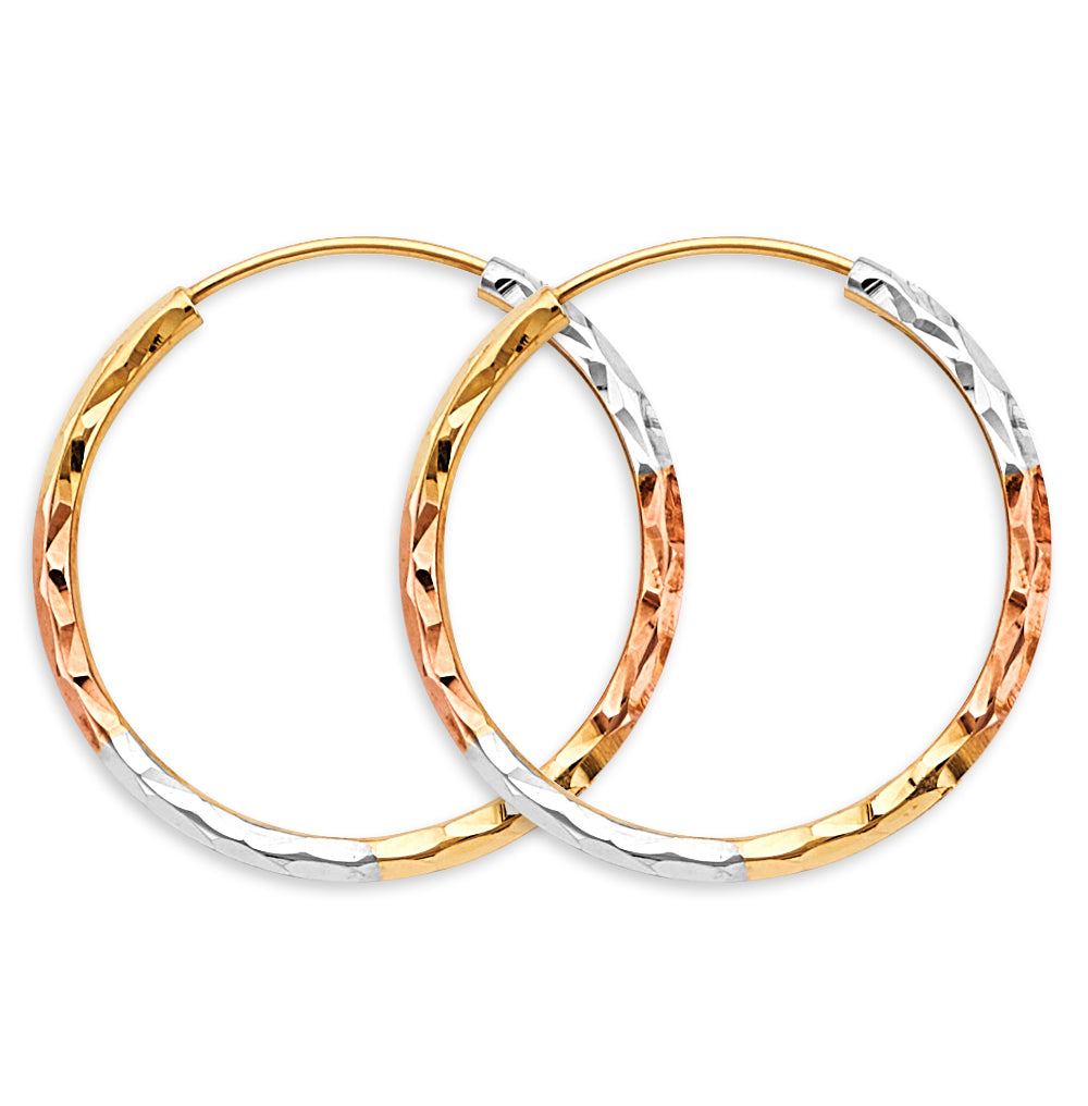 14K Tri Color Gold 1.8mm Tube DC Endless 25mm Hoop Earrings