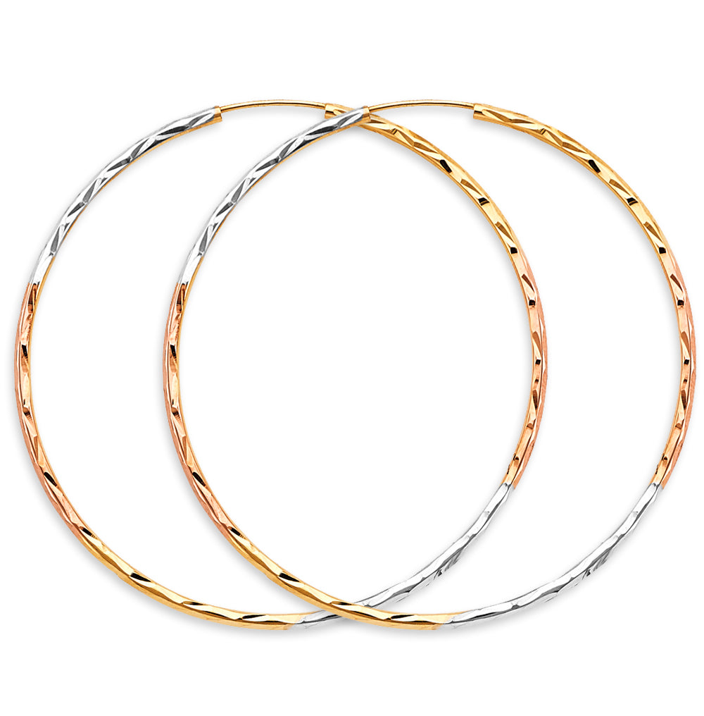 14K Tri Color Gold 1.8mm Tube DC Endless 55mm Hoop Earrings