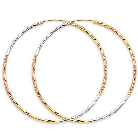 14K Tri Color Gold 1.8mm Tube DC Endless 55mm Hoop Earrings