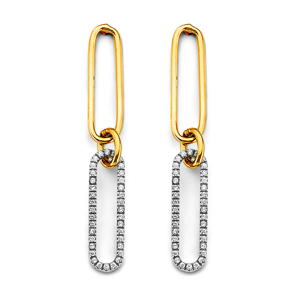 14K Two Tone Gold CZ Paperclip Earrings With Pushback