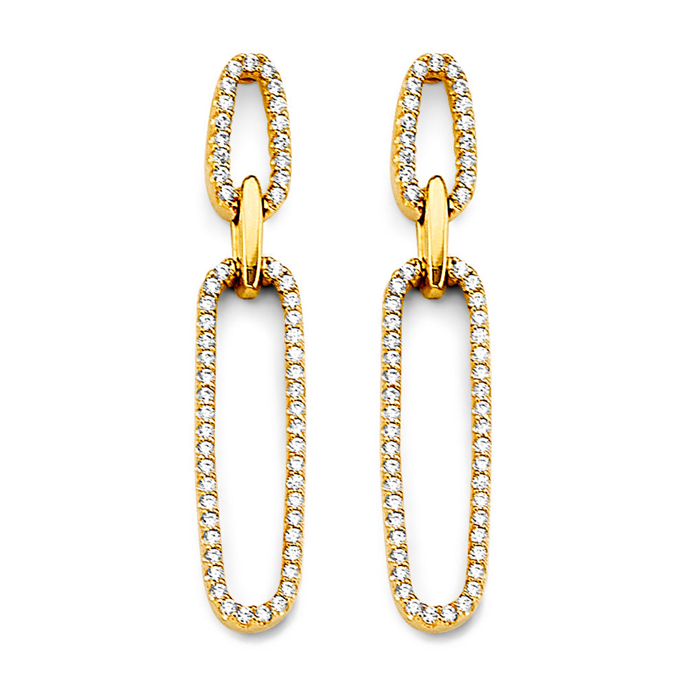 14K Yellow Gold CZ Paperclip Earrings With Pushback