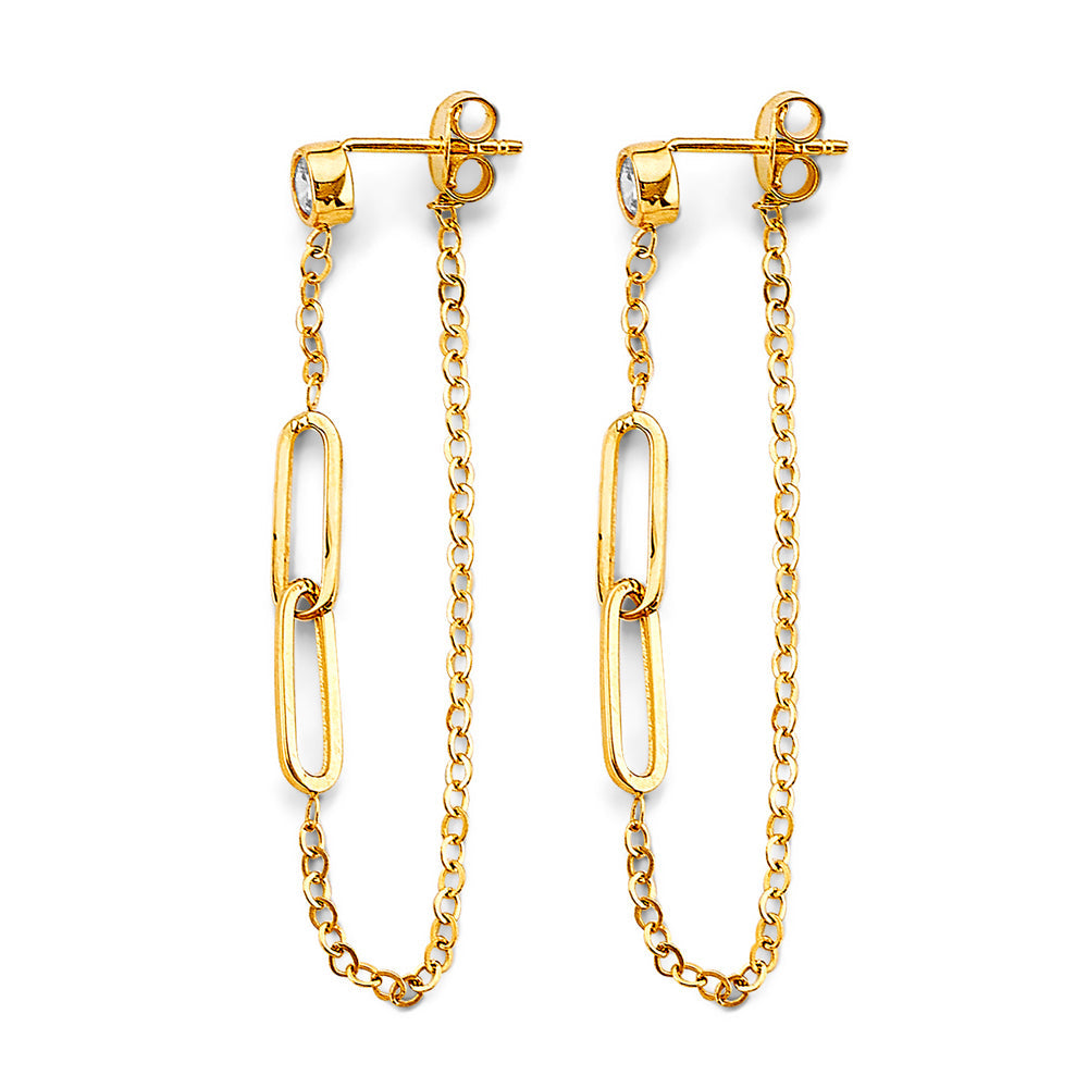 14K Yellow Gold CZ Paperclip Hanging Earrings