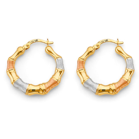 14K Tri Color Gold Bamboo Hollow Hoop Earrings