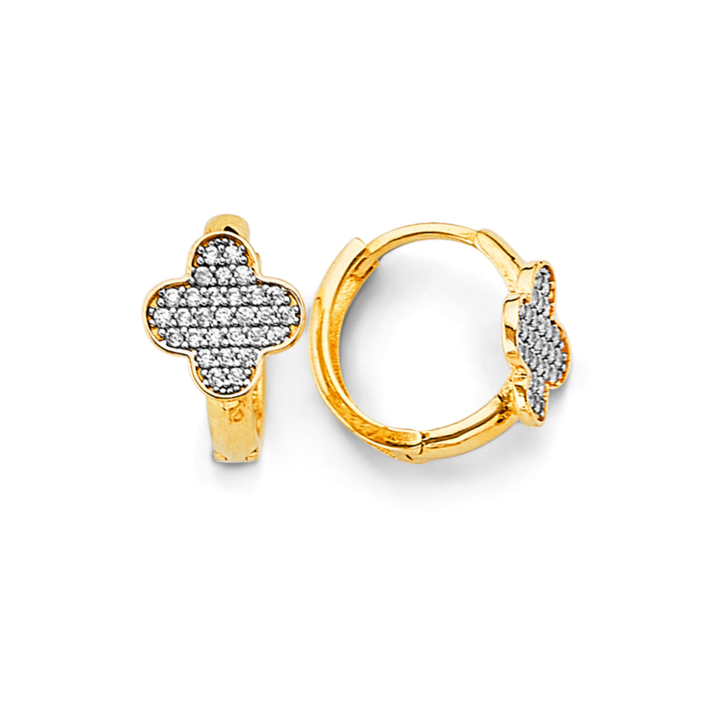 14K Two Tone Gold Clover CZ Huggies Earrings