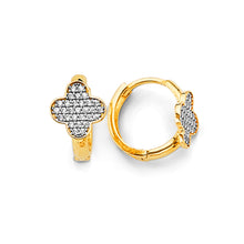 Load image into Gallery viewer, 14K Two Tone Gold Clover CZ Huggies Earrings