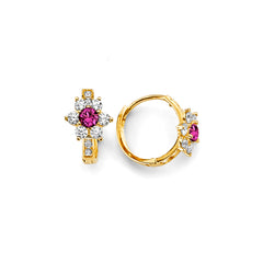 14K Yellow Gold 10mm Flower CZ Huggies Earrings