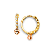 Load image into Gallery viewer, 14K Two Tone Gold Heart Charm CZ Huggies Earrings