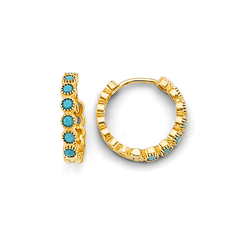 14K Yellow Gold Round Turquoise Huggies Earrings