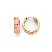 Load image into Gallery viewer, 14K Yellow Gold Pink Enamel Heart Huggies Earrings