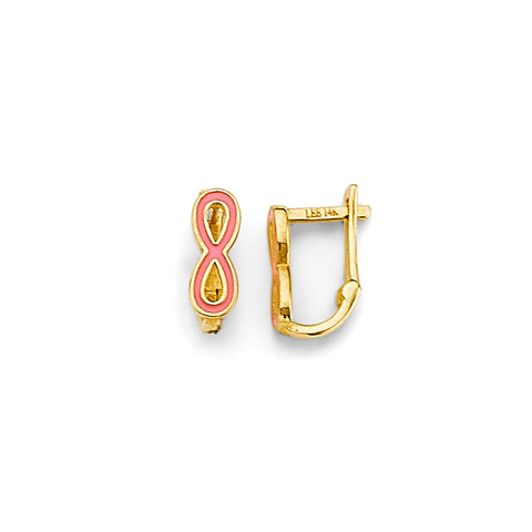 14K Yellow Gold Pink Enamel Infinity Huggies Earrings