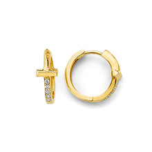 Load image into Gallery viewer, 14K Yellow Gold CZ Cross Huggies Earrings