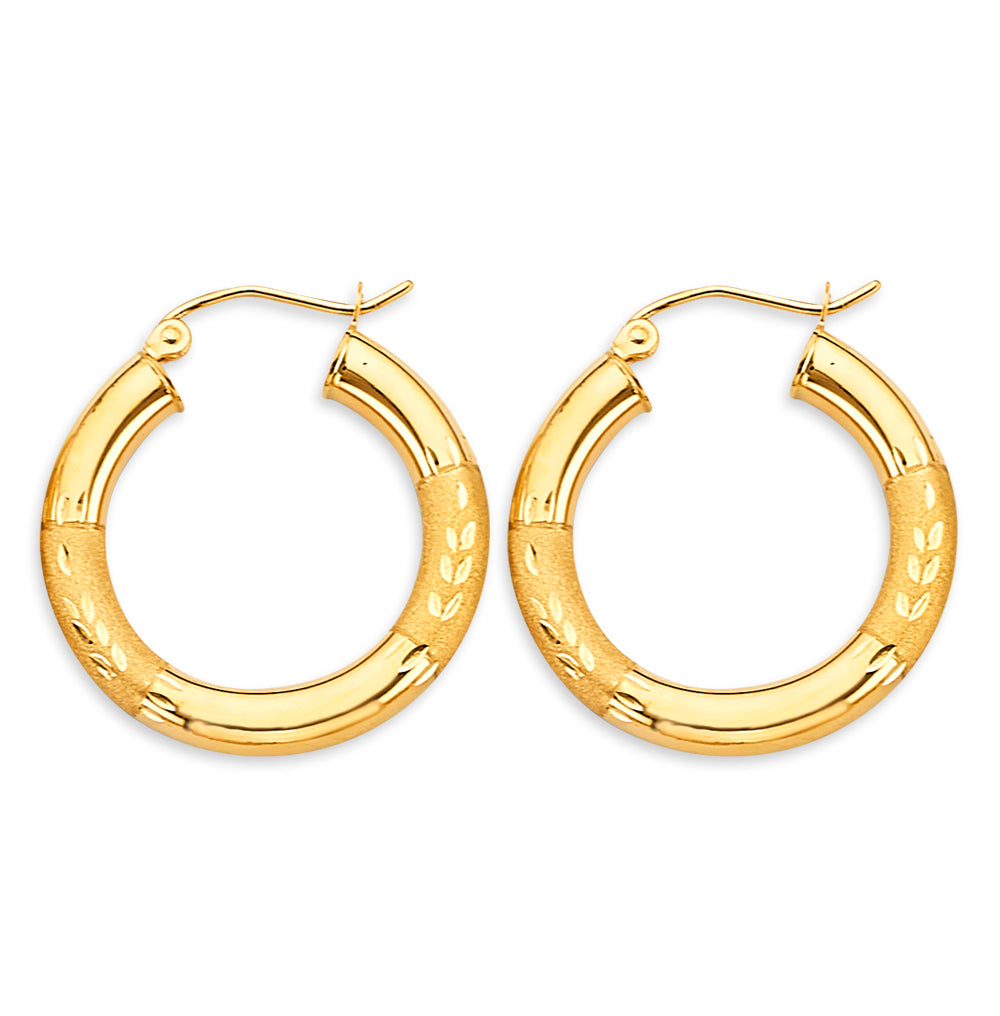 14K Yellow Gold 3.8mm Budded DC Round Tube 25mm Hoop Earrings