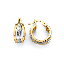 Load image into Gallery viewer, 14K Two Tone Gold Greek Design Huggies Earrings