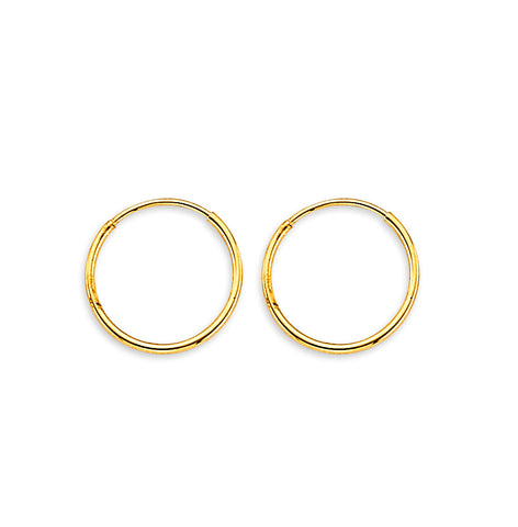 14K Yellow Gold 1mm Tube Endless 12mm Hoop Earrings