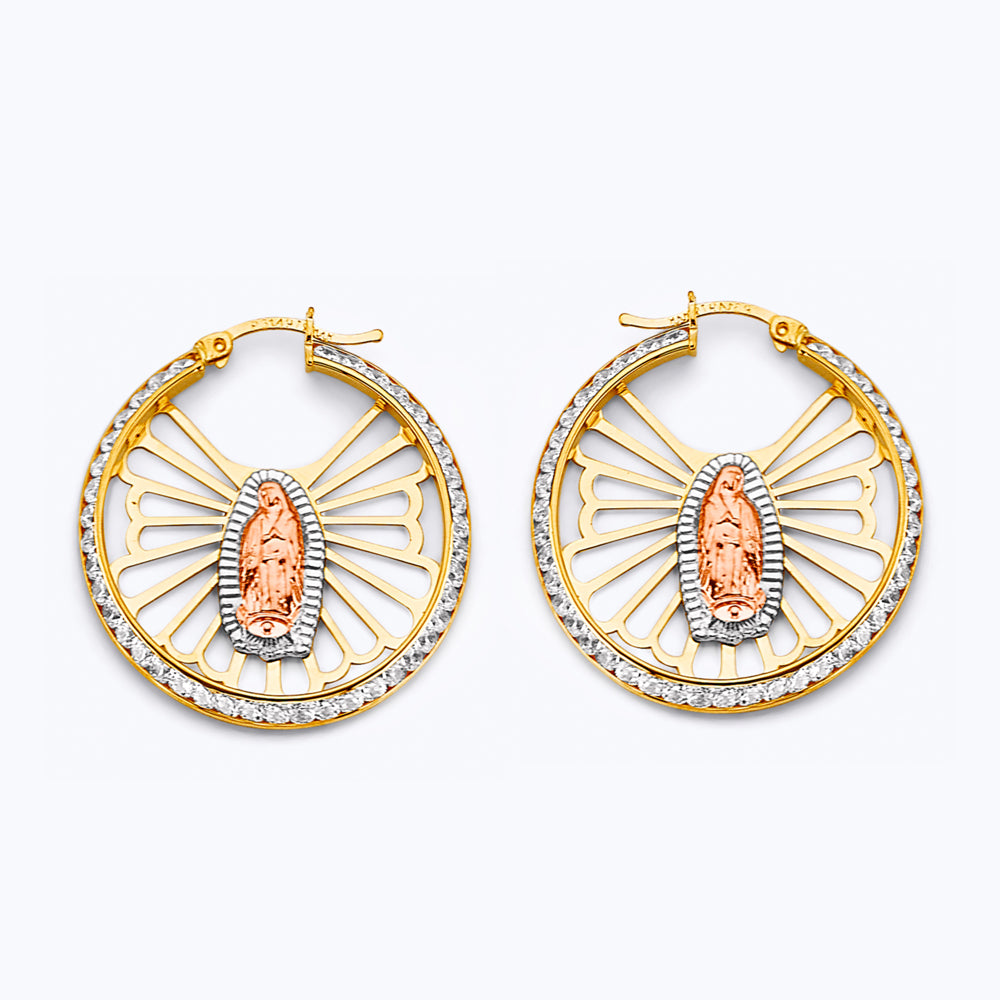 14K Tri Color Gold CZ Guadalupe Hoop Earrings