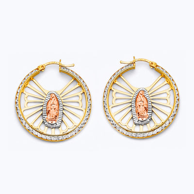 14K Tri Color Gold CZ Guadalupe Hoop Earrings