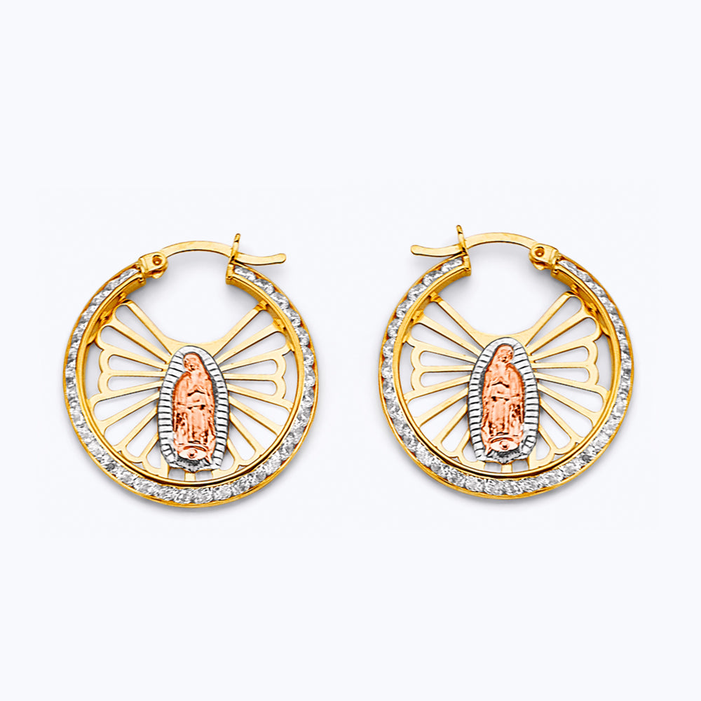 14K Tri Color Gold 23mm CZ Guadalupe Hoop Earrings