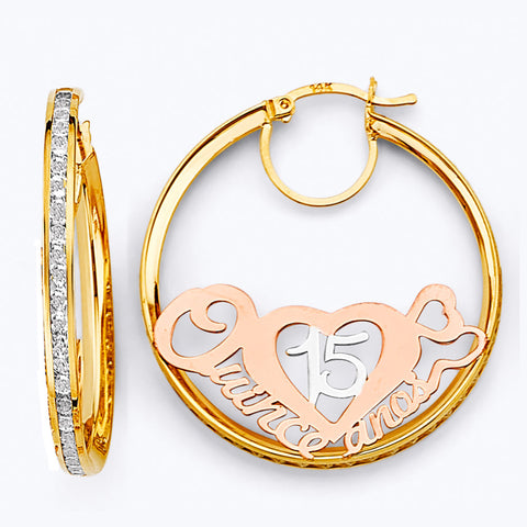 14K Tri Color Gold CZ 15 Years Hoop Earrings