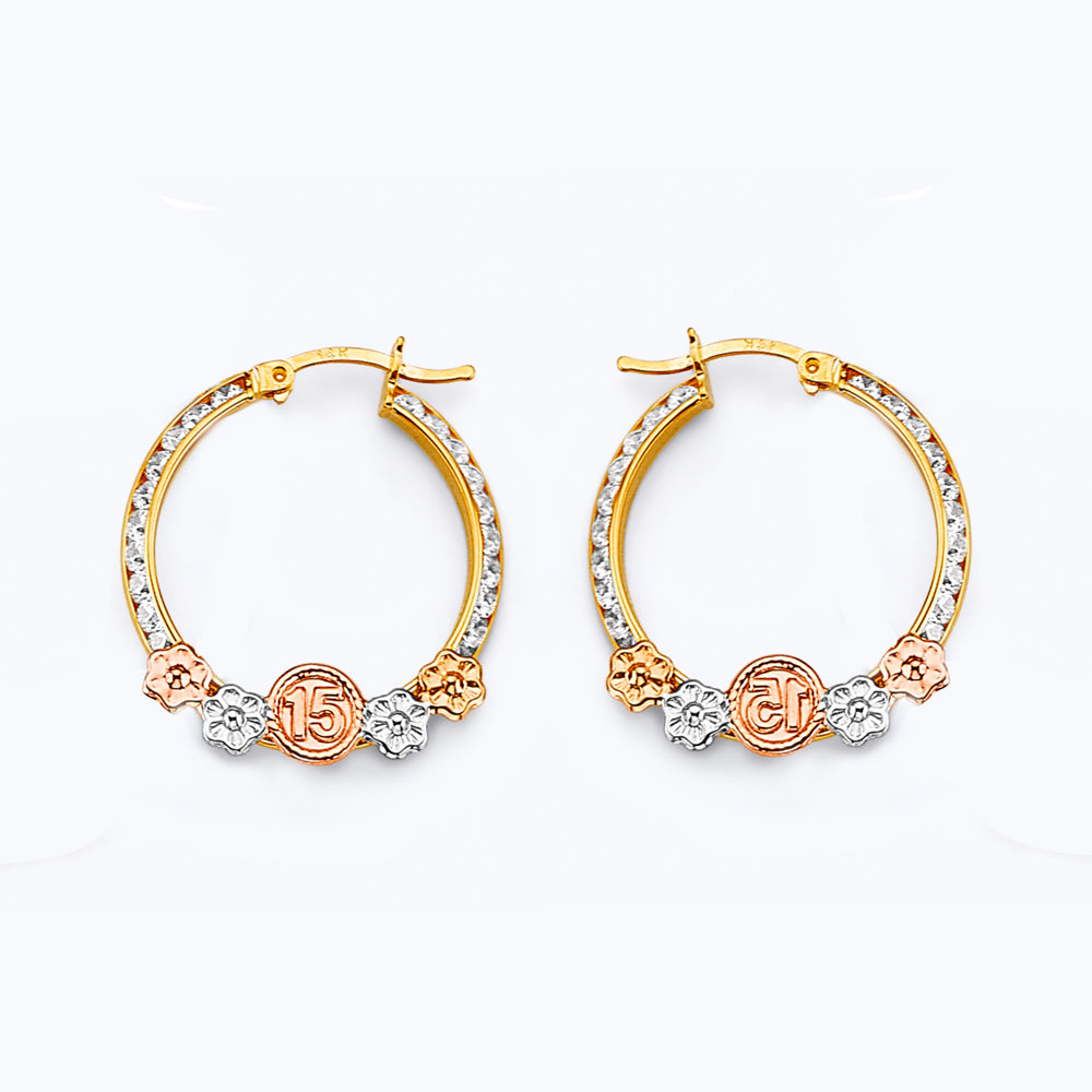 14K Tri Color Gold 23mm CZ 15 Years Flower Hoop Earrings