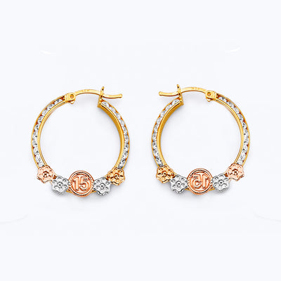 14K Tri Color Gold 23mm CZ 15 Years Flower Hoop Earrings