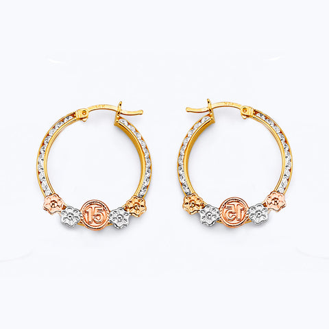 14K Tri Color Gold 23mm CZ 15 Years Flower Hoop Earrings