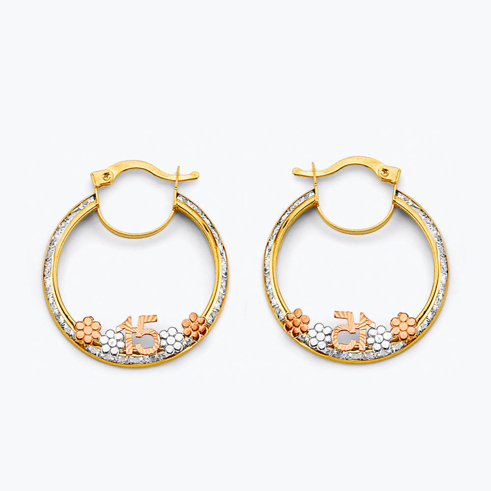 14K Tri Color Gold 25mm CZ 15 Years Flower Hoop Earrings