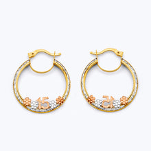 Load image into Gallery viewer, 14K Tri Color Gold 25mm CZ 15 Years Flower Hoop Earrings