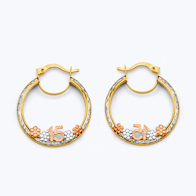 14K Tri Color Gold 25mm CZ 15 Years Flower Hoop Earrings